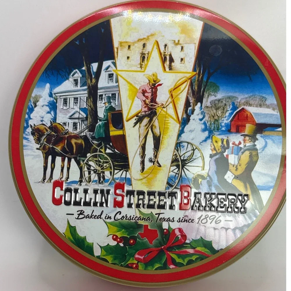 Collin Street Bakery Texas Christmas Fruitcake Tin Vintage Holiday Decor Red